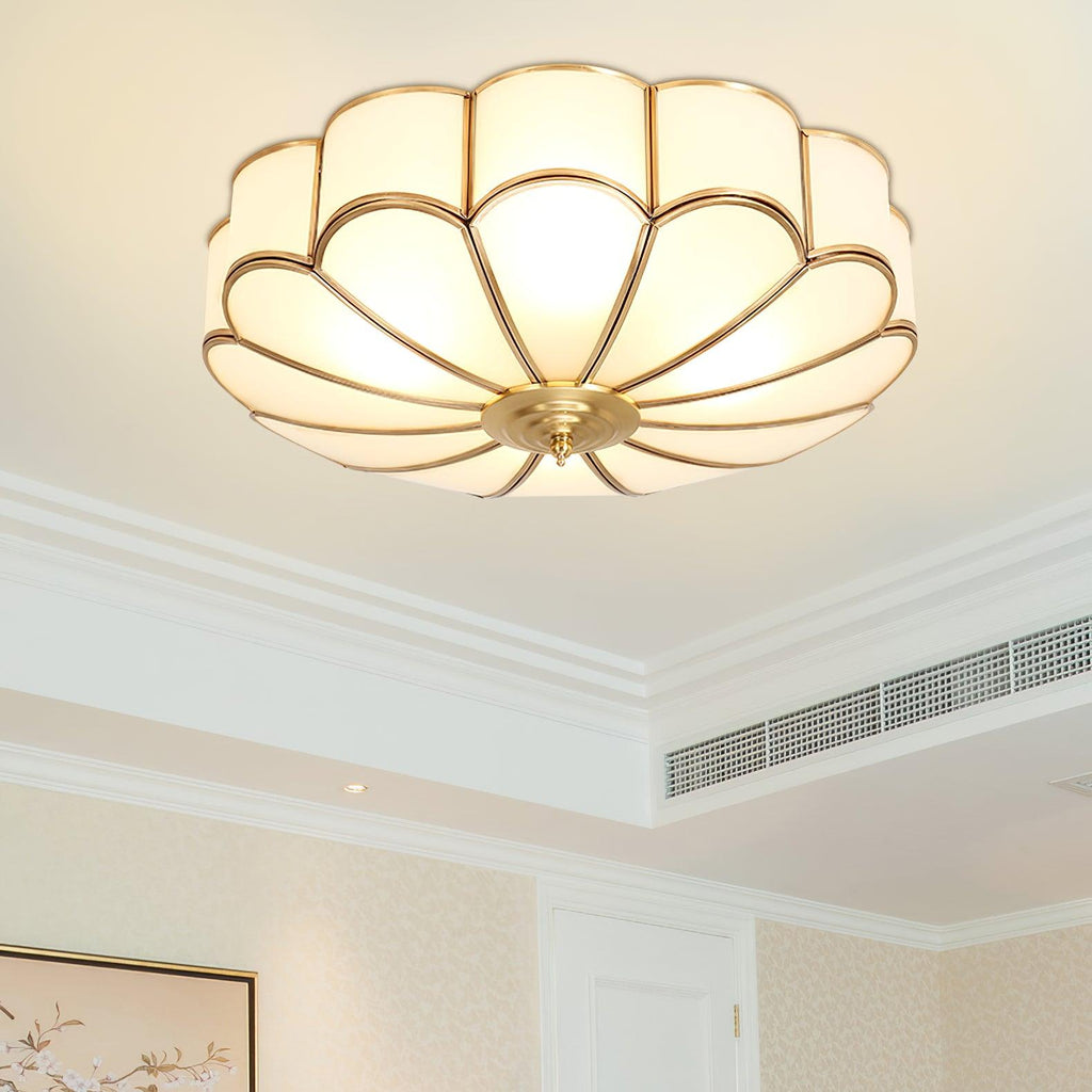 Flower Shape Glass Semi Flush Mount Brass Ceiling Light