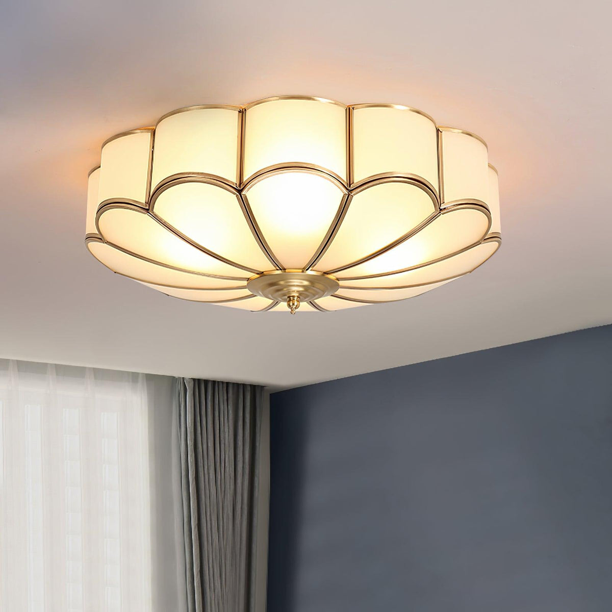 Flower Shape Glass Semi Flush Mount Brass Ceiling Light