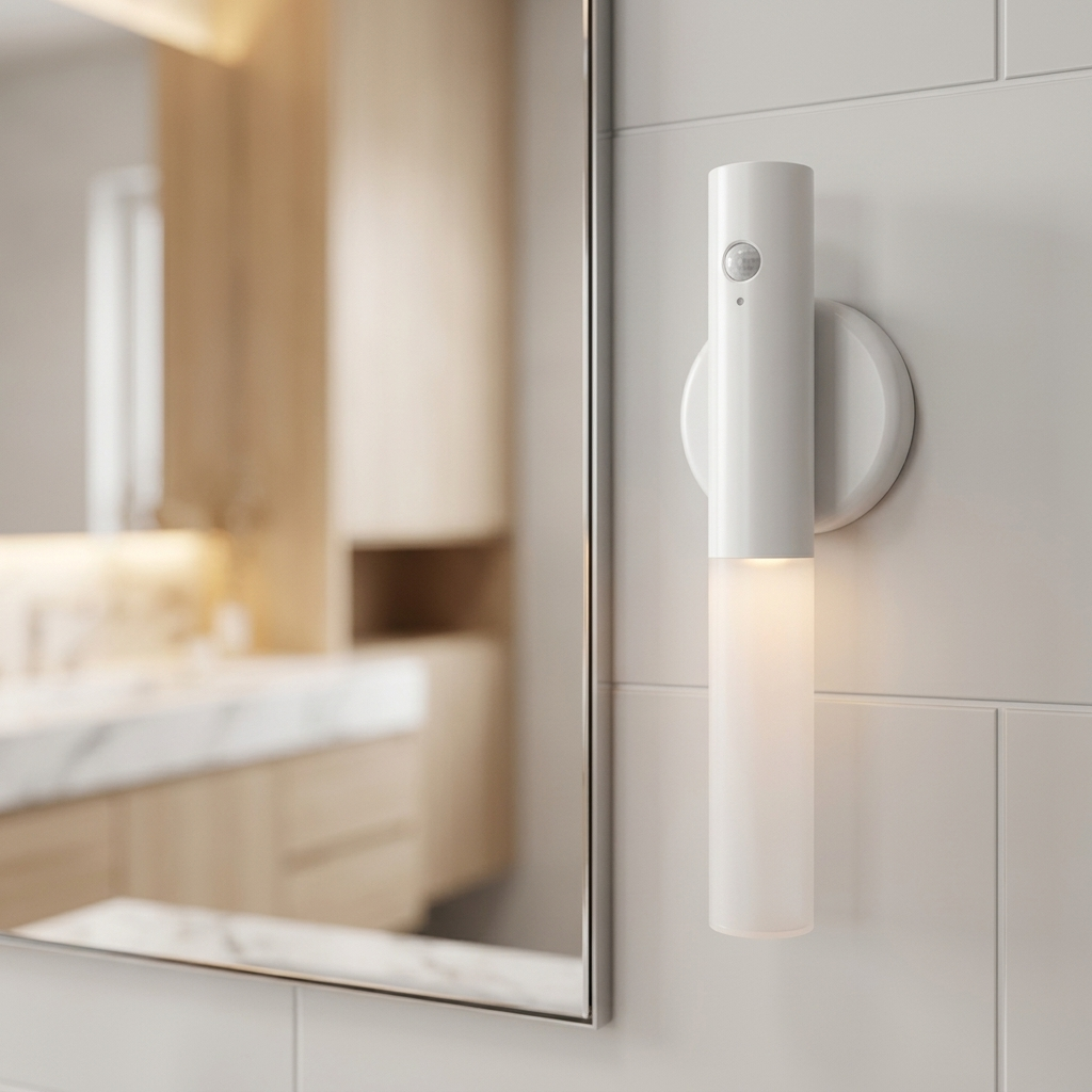 LED Rechargeable Magnetic Motion Sensor Light — White, bathroom vanity scene